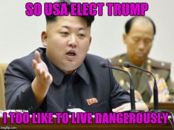 kim jong un | SO USA ELECT TRUMP; I TOO LIKE TO LIVE DANGEROUSLY | image tagged in kim jong un | made w/ Imgflip meme maker