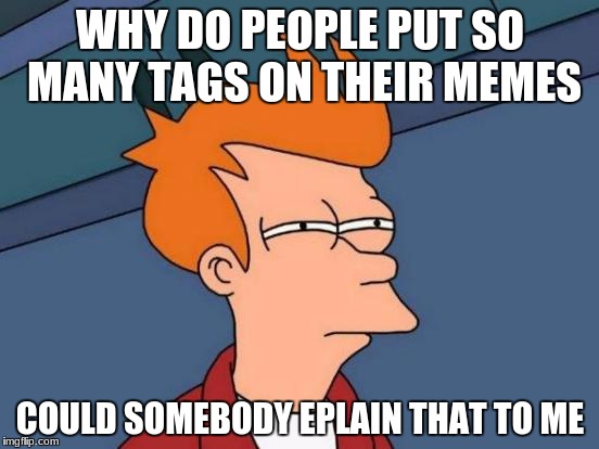i have always wonderd  why all the top 100 have been putting so many tags on their memes and i have always wonderd why | WHY DO PEOPLE PUT SO MANY TAGS ON THEIR MEMES; COULD SOMEBODY EPLAIN THAT TO ME | image tagged in memes,futurama fry,funny,funny memes,funny meme,too funny | made w/ Imgflip meme maker