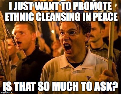 Triggered neo nazi | I JUST WANT TO PROMOTE ETHNIC CLEANSING IN PEACE; IS THAT SO MUCH TO ASK? | image tagged in triggered neo nazi,white nationalism,alt right,charlottesville | made w/ Imgflip meme maker