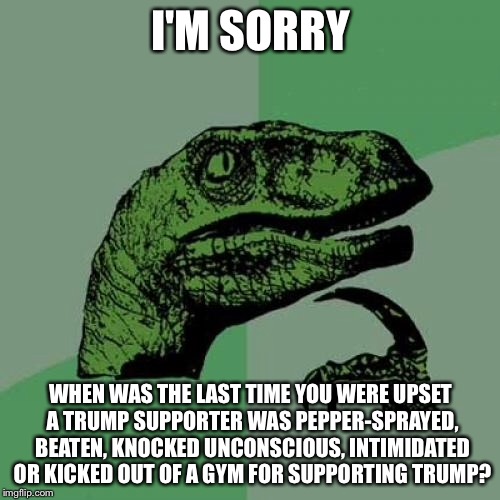 Philosoraptor Meme | I'M SORRY WHEN WAS THE LAST TIME YOU WERE UPSET A TRUMP SUPPORTER WAS PEPPER-SPRAYED, BEATEN, KNOCKED UNCONSCIOUS, INTIMIDATED OR KICKED OUT | image tagged in memes,philosoraptor | made w/ Imgflip meme maker