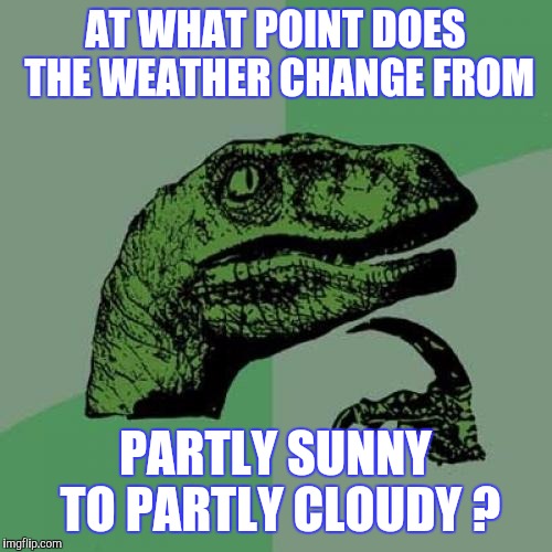 The Cloud That Broke The Camel's Back | AT WHAT POINT DOES THE WEATHER CHANGE FROM; PARTLY SUNNY TO PARTLY CLOUDY ? | image tagged in memes,philosoraptor | made w/ Imgflip meme maker