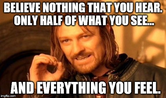 One Does Not Simply Meme | BELIEVE NOTHING THAT YOU HEAR. 
ONLY HALF OF WHAT YOU SEE... AND EVERYTHING YOU FEEL. | image tagged in memes,one does not simply | made w/ Imgflip meme maker