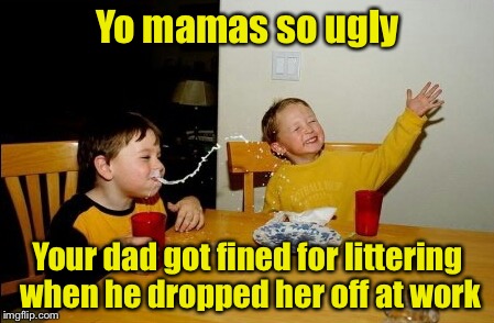 Yo mamas so ugly | Yo mamas so ugly; Your dad got fined for littering when he dropped her off at work | image tagged in memes,yo mamas so fat,ugly | made w/ Imgflip meme maker