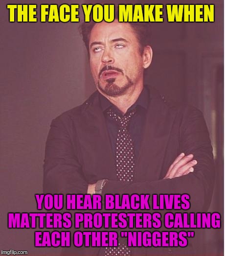 Face You Make Robert Downey Jr Meme | THE FACE YOU MAKE WHEN; YOU HEAR BLACK LIVES MATTERS PROTESTERS CALLING EACH OTHER "NIGGERS" | image tagged in memes,face you make robert downey jr | made w/ Imgflip meme maker