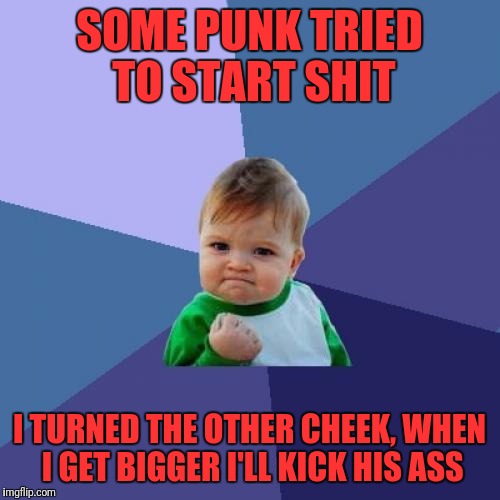 Success Kid Meme | SOME PUNK TRIED TO START SHIT; I TURNED THE OTHER CHEEK, WHEN I GET BIGGER I'LL KICK HIS ASS | image tagged in memes,success kid | made w/ Imgflip meme maker