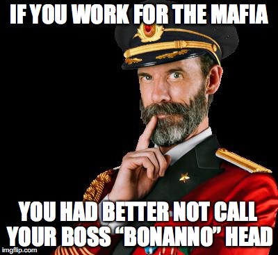 captain obvious | IF YOU WORK FOR THE MAFIA; YOU HAD BETTER NOT CALL YOUR BOSS “BONANNO” HEAD | image tagged in captain obvious,mafia | made w/ Imgflip meme maker