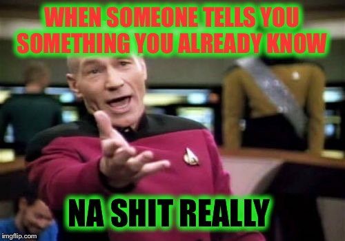 Picard Wtf | WHEN SOMEONE TELLS YOU SOMETHING YOU ALREADY KNOW; NA SHIT REALLY | image tagged in memes,picard wtf | made w/ Imgflip meme maker