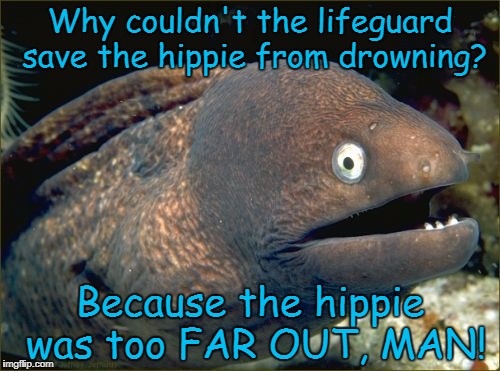 Bad Joke Eel Meme | Why couldn't the lifeguard save the hippie from drowning? Because the hippie was too FAR OUT, MAN! | image tagged in memes,bad joke eel,hippies | made w/ Imgflip meme maker
