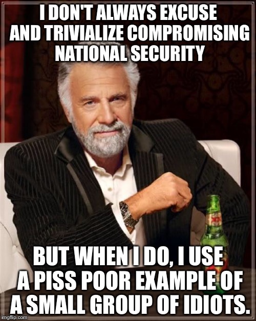 The Most Interesting Man In The World Meme | I DON'T ALWAYS EXCUSE AND TRIVIALIZE COMPROMISING NATIONAL SECURITY BUT WHEN I DO, I USE A PISS POOR EXAMPLE OF A SMALL GROUP OF IDIOTS. | image tagged in memes,the most interesting man in the world | made w/ Imgflip meme maker