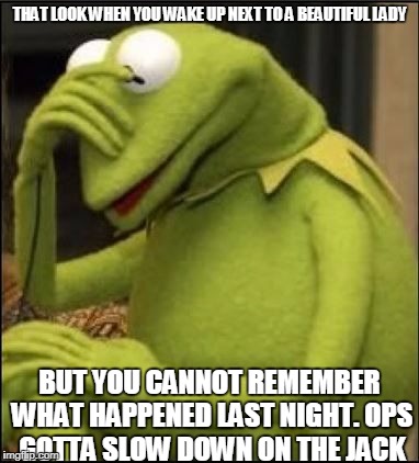 Kermit HeadDown | THAT LOOK WHEN YOU WAKE UP NEXT TO A BEAUTIFUL LADY; BUT YOU CANNOT REMEMBER WHAT HAPPENED LAST NIGHT. OPS GOTTA SLOW DOWN ON THE JACK | image tagged in kermit headdown | made w/ Imgflip meme maker