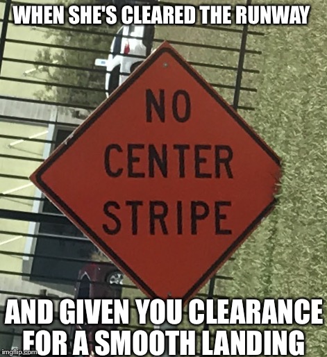 WHEN SHE'S CLEARED THE RUNWAY; AND GIVEN YOU CLEARANCE FOR A SMOOTH LANDING | image tagged in sign | made w/ Imgflip meme maker