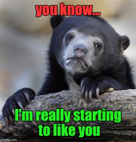 Confession Bear Meme | you know... I'm really starting to like you | image tagged in memes,confession bear | made w/ Imgflip meme maker