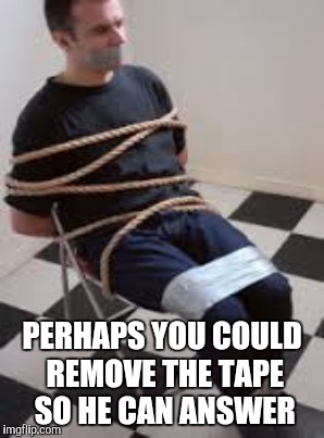 PERHAPS YOU COULD REMOVE THE TAPE SO HE CAN ANSWER | made w/ Imgflip meme maker