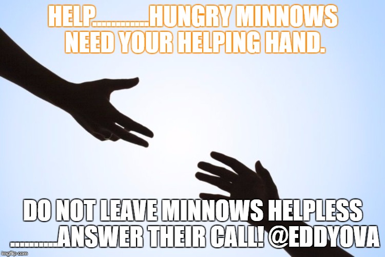 A helping hand | HELP............HUNGRY MINNOWS NEED YOUR HELPING HAND. DO NOT LEAVE MINNOWS HELPLESS ..........ANSWER THEIR CALL! @EDDYOVA | image tagged in a helping hand | made w/ Imgflip meme maker