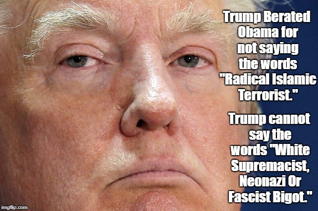 For Someone Who Supposedly "Tells It Like He Is" Trump Cannot Even Speak The Words "White Supremacist, Neonazi Or Fascist Bigot" | Trump Berated Obama for not saying the words "Radical Islamic Terrorist." Trump cannot say the words "White Supremacist, Neonazi Or Fascist  | image tagged in bigotry,bluster,bombast,devious donald,despotic donald,deplorable donald | made w/ Imgflip meme maker