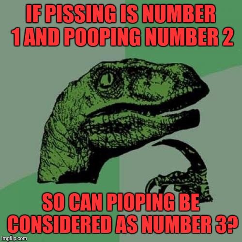 Number 3 | IF PISSING IS NUMBER 1 AND POOPING NUMBER 2; SO CAN PIOPING BE CONSIDERED AS NUMBER 3? | image tagged in memes,philosoraptor,philosophy,numbers | made w/ Imgflip meme maker
