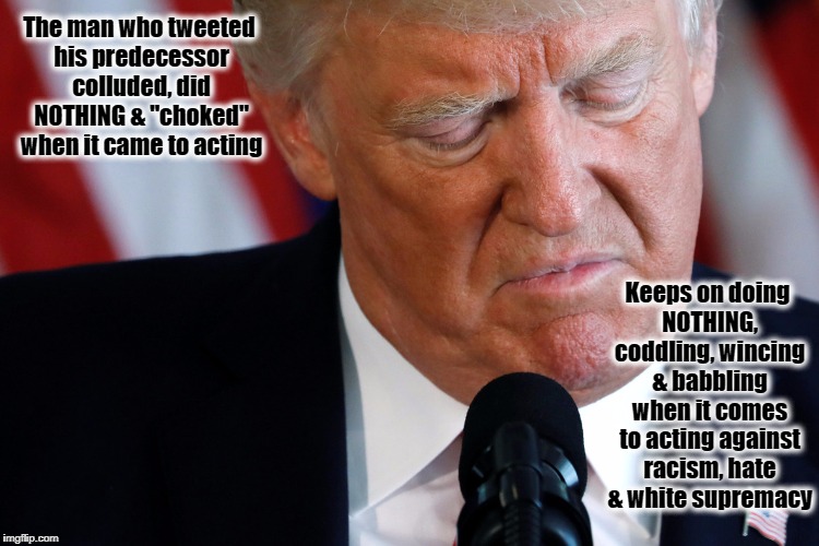 Violence on "Many Sides" | The man who tweeted his predecessor colluded, did NOTHING & "choked" when it came to acting; Keeps on doing NOTHING, coddling, wincing & babbling when it comes to acting against racism, hate & white supremacy | image tagged in donald trump,white supremacy,resist,racism,bigotry,charlottesville | made w/ Imgflip meme maker