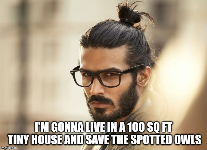 Man Bun Millenial | I'M GONNA LIVE IN A 100 SQ FT TINY HOUSE AND SAVE THE SPOTTED OWLS | image tagged in man bun millenial | made w/ Imgflip meme maker