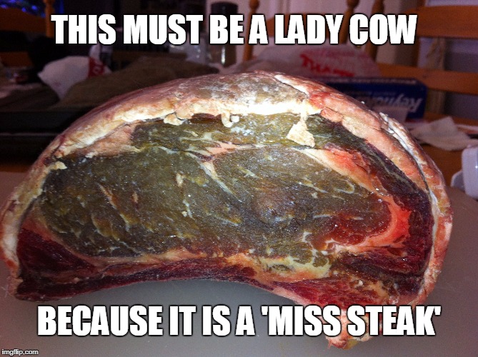 THIS MUST BE A LADY COW; BECAUSE IT IS A 'MISS STEAK' | image tagged in steak | made w/ Imgflip meme maker