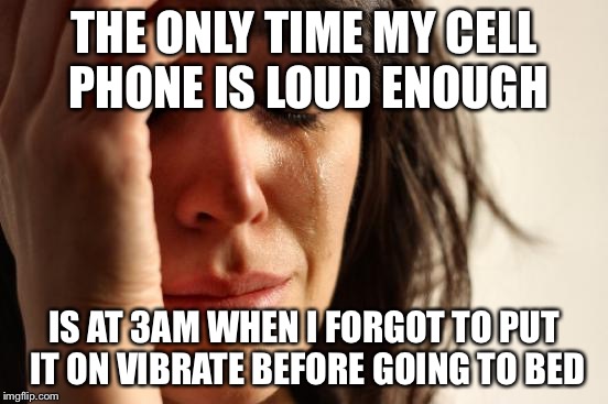 First World Problems | THE ONLY TIME MY CELL PHONE IS LOUD ENOUGH; IS AT 3AM WHEN I FORGOT TO PUT IT ON VIBRATE BEFORE GOING TO BED | image tagged in memes,first world problems | made w/ Imgflip meme maker
