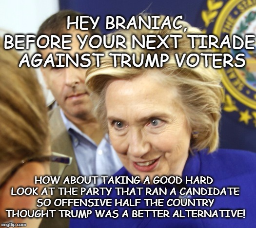 Stupid Trump Voters | HEY BRANIAC, BEFORE YOUR NEXT TIRADE AGAINST TRUMP VOTERS; HOW ABOUT TAKING A GOOD HARD LOOK AT THE PARTY THAT RAN A CANDIDATE SO OFFENSIVE HALF THE COUNTRY THOUGHT TRUMP WAS A BETTER ALTERNATIVE! | image tagged in alien hillary,trump supporters,hillary supporters,democrat party choice | made w/ Imgflip meme maker