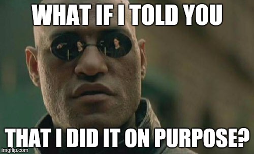 Matrix Morpheus Meme | WHAT IF I TOLD YOU THAT I DID IT ON PURPOSE? | image tagged in memes,matrix morpheus | made w/ Imgflip meme maker