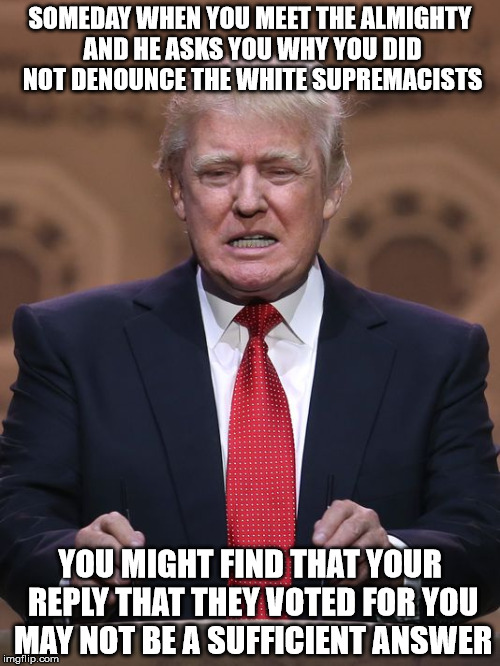Donald Trump | SOMEDAY WHEN YOU MEET THE ALMIGHTY AND HE ASKS YOU WHY YOU DID NOT DENOUNCE THE WHITE SUPREMACISTS; YOU MIGHT FIND THAT YOUR REPLY THAT THEY VOTED FOR YOU MAY NOT BE A SUFFICIENT ANSWER | image tagged in donald trump | made w/ Imgflip meme maker