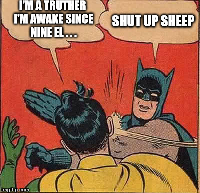 I'm A Truther | I'M A TRUTHER I'M AWAKE SINCE NINE EL . . . SHUT UP SHEEP | image tagged in memes,batman slapping robin,truther,9/11,conspiracy,conspiracies | made w/ Imgflip meme maker