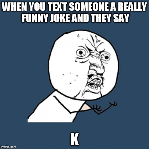 Y U No Meme | WHEN YOU TEXT SOMEONE A REALLY FUNNY JOKE AND THEY SAY; K | image tagged in memes,y u no | made w/ Imgflip meme maker