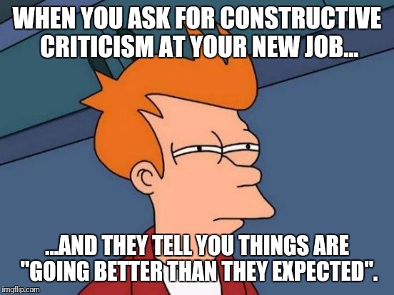 Futurama Fry Meme | WHEN YOU ASK FOR CONSTRUCTIVE CRITICISM AT YOUR NEW JOB... ...AND THEY TELL YOU THINGS ARE "GOING BETTER THAN THEY EXPECTED". | image tagged in memes,futurama fry | made w/ Imgflip meme maker