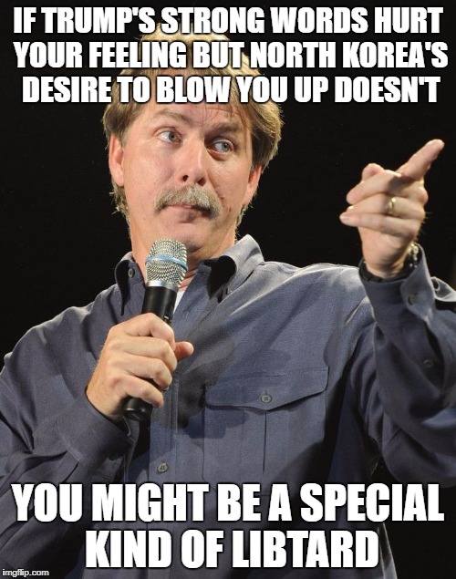IF TRUMP'S STRONG WORDS HURT YOUR FEELING BUT NORTH KOREA'S DESIRE TO BLOW YOU UP DOESN'T; YOU MIGHT BE A SPECIAL KIND OF LIBTARD | image tagged in jeff foxworthy,libtards | made w/ Imgflip meme maker