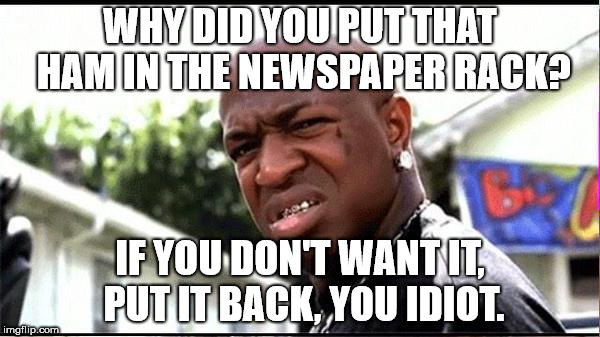 Birdman Rude As Fuck | WHY DID YOU PUT THAT HAM IN THE NEWSPAPER RACK? IF YOU DON'T WANT IT, PUT IT BACK, YOU IDIOT. | image tagged in birdman rude as fuck | made w/ Imgflip meme maker
