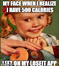 Donut girl | MY FACE WHEN I REALIZE I HAVE 500 CALORIES; LEFT ON MY LOSEIT APP | image tagged in donut girl | made w/ Imgflip meme maker