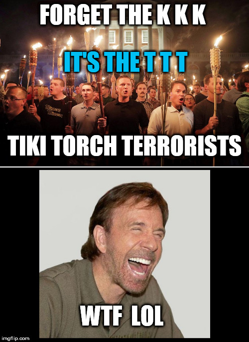 Tiki Torch Terrorists | IT'S THE T T T; FORGET THE K K K; TIKI TORCH TERRORISTS; WTF  LOL | image tagged in tiki torch terrorists,kkk,terrorists,chuck norris,chucknorris,racist | made w/ Imgflip meme maker