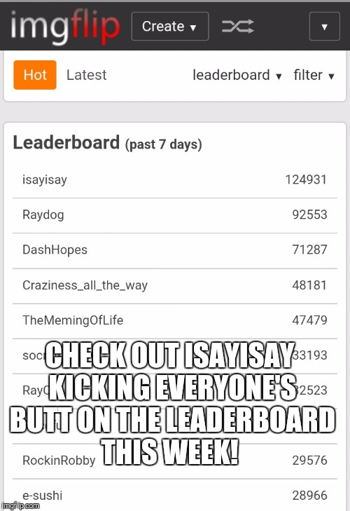 Kudos to isayisay!  And thanks to him for always upvoting and commenting on my memes!  | CHECK OUT ISAYISAY KICKING EVERYONE'S BUTT ON THE LEADERBOARD THIS WEEK! | image tagged in leaderboard,isayisay,jbmemegeek | made w/ Imgflip meme maker