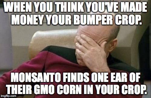Captain Picard Facepalm Meme | WHEN YOU THINK YOU'VE MADE MONEY YOUR BUMPER CROP. MONSANTO FINDS ONE EAR OF THEIR GMO CORN IN YOUR CROP. | image tagged in memes,captain picard facepalm | made w/ Imgflip meme maker
