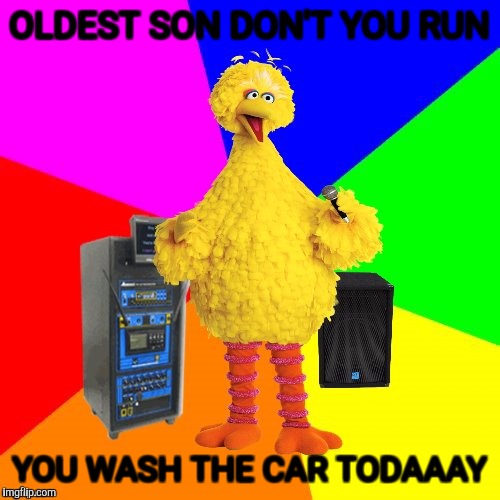 My first Wrong lyrics karaoke big bird. Real lyric "Black Hole Sun won't you come and wash away the rain?" Soundgarden | OLDEST SON DON'T YOU RUN; YOU WASH THE CAR TODAAAY | image tagged in funny,wrong lyrics karaoke big bird,animals,memes,music,humor | made w/ Imgflip meme maker