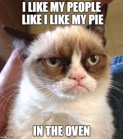 Grumpy Cat On His New Jewish Owners: | I LIKE MY PEOPLE LIKE I LIKE MY PIE; IN THE OVEN | image tagged in memes,grumpy cat reverse,grumpy cat,oven,pie | made w/ Imgflip meme maker