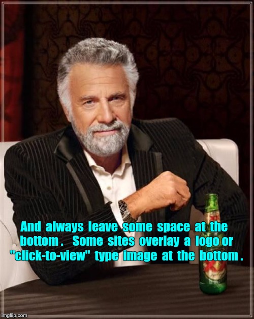 The Most Interesting Man In The World Meme | And  always  leave  some  space  at  the  bottom .    Some  sites  overlay  a  logo or  "click-to-view"  type  image  at  the  bottom . | image tagged in memes,the most interesting man in the world | made w/ Imgflip meme maker
