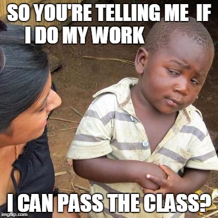 Third World Skeptical Kid Meme | SO YOU'RE TELLING ME  IF I DO MY WORK; I CAN PASS THE CLASS? | image tagged in memes,third world skeptical kid | made w/ Imgflip meme maker