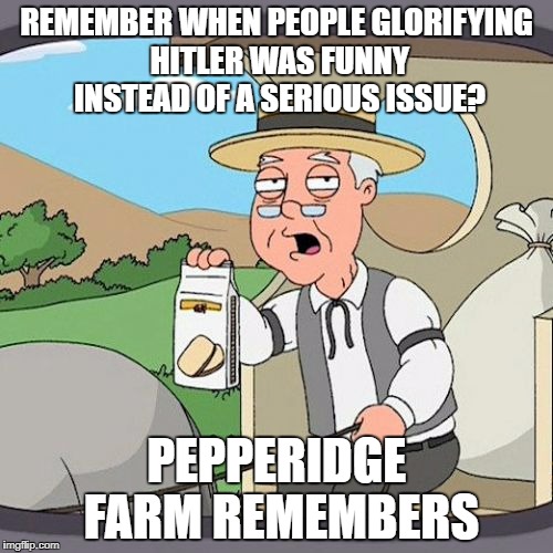 Pepperidge Farm Remembers | REMEMBER WHEN PEOPLE GLORIFYING HITLER WAS FUNNY INSTEAD OF A SERIOUS ISSUE? PEPPERIDGE FARM REMEMBERS | image tagged in memes,pepperidge farm remembers | made w/ Imgflip meme maker