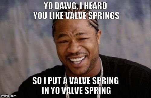 Yo Dawg Heard You Meme | Y0 DAWG, I HEARD YOU LIKE VALVE SPRINGS; SO I PUT A VALVE SPRING IN YO VALVE SPRING | image tagged in memes,yo dawg heard you | made w/ Imgflip meme maker