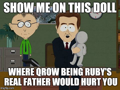 Show me on this doll | SHOW ME ON THIS DOLL; WHERE QROW BEING RUBY'S REAL FATHER WOULD HURT YOU | image tagged in show me on this doll | made w/ Imgflip meme maker