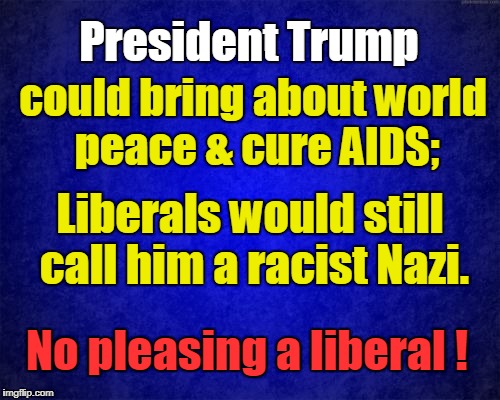 Trump brings about world peace; libs still call him nazi | President Trump; could bring about world peace & cure AIDS;; Liberals would still call him a racist Nazi. No pleasing a liberal ! | image tagged in blue background,trump,liberals,nazi | made w/ Imgflip meme maker