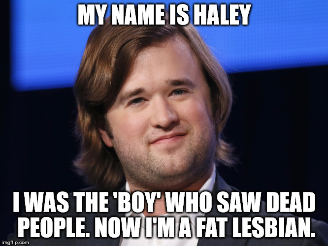 MY NAME IS HALEY; I WAS THE 'BOY' WHO SAW DEAD PEOPLE. NOW I'M A FAT LESBIAN. | image tagged in haley trans-formed | made w/ Imgflip meme maker
