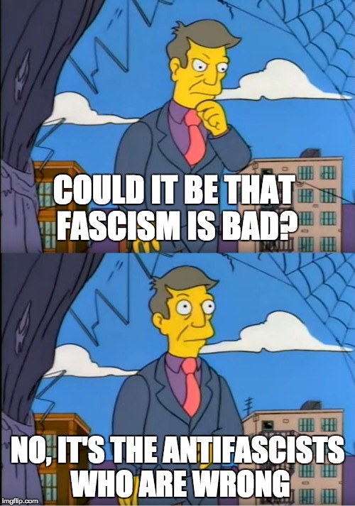 Could it be that fascists are bad? | COULD IT BE THAT FASCISM IS BAD? NO, IT'S THE ANTIFASCISTS WHO ARE WRONG | image tagged in skinner out of touch,fascist,antifa,trump,charlottesville | made w/ Imgflip meme maker