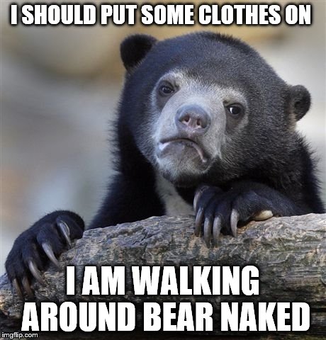 Confession Bear | I SHOULD PUT SOME CLOTHES ON; I AM WALKING AROUND BEAR NAKED | image tagged in memes,confession bear | made w/ Imgflip meme maker