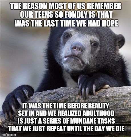 Confession Bear Meme | THE REASON MOST OF US REMEMBER OUR TEENS SO FONDLY IS THAT WAS THE LAST TIME WE HAD HOPE; IT WAS THE TIME BEFORE REALITY SET IN AND WE REALIZED ADULTHOOD IS JUST A SERIES OF MUNDANE TASKS THAT WE JUST REPEAT UNTIL THE DAY WE DIE | image tagged in memes,confession bear | made w/ Imgflip meme maker