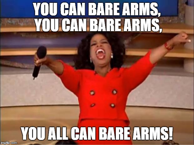 Oprah You Get A | YOU CAN BARE ARMS, YOU CAN BARE ARMS, YOU ALL CAN BARE ARMS! | image tagged in memes,oprah you get a | made w/ Imgflip meme maker