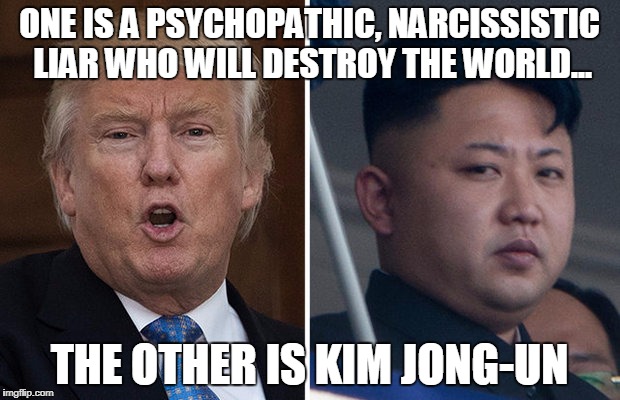 Trump Kim Jong un  | ONE IS A PSYCHOPATHIC, NARCISSISTIC LIAR WHO WILL DESTROY THE WORLD... THE OTHER IS KIM JONG-UN | image tagged in trump kim jong un | made w/ Imgflip meme maker